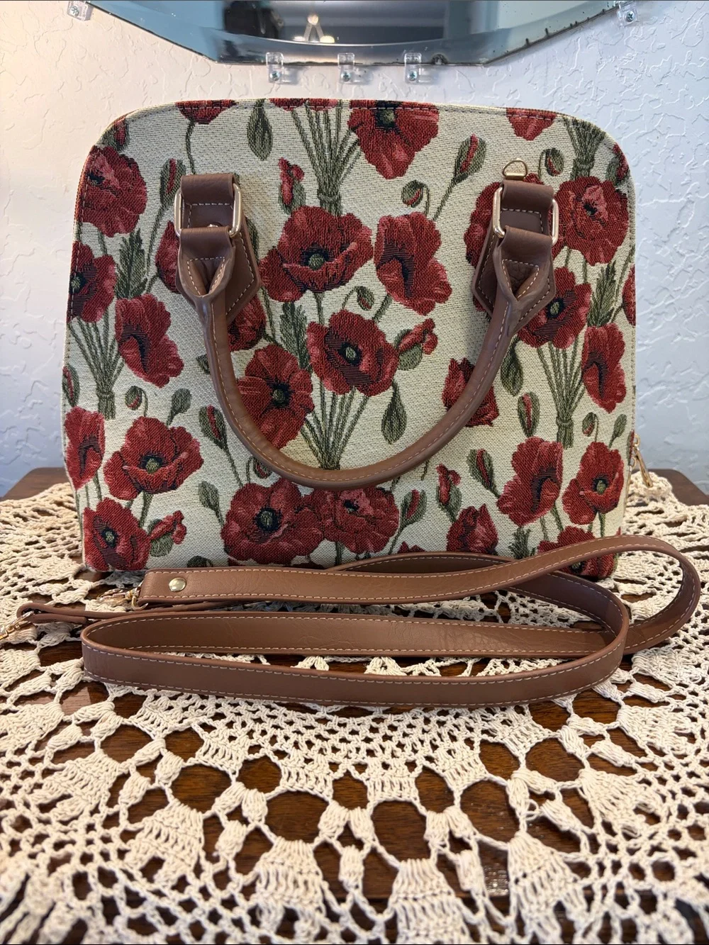 Signare Red Floral Satchel with Brown Handles